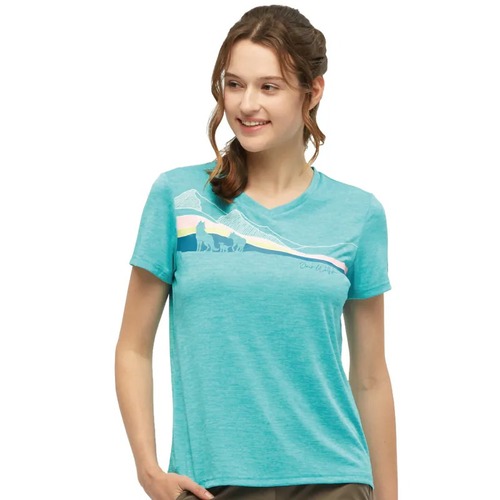 女 V領印花短袖排汗衣 狼家族概念T恤『翠藍』  |產品專區|飛狼特價商品