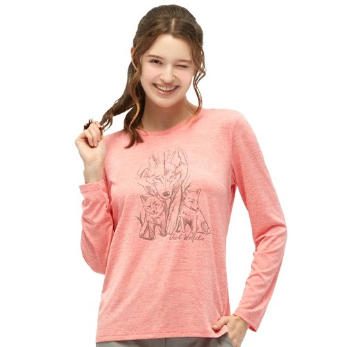 女 溫馨狼家族印花長袖排汗衣 T恤『粉橘』  |產品專區|飛狼特價商品