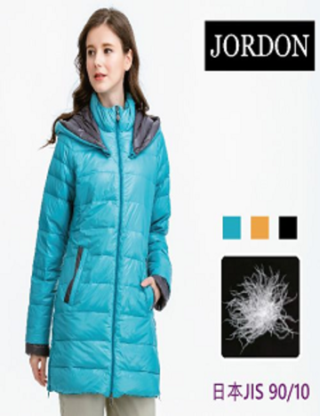 [JORDON]女款 配色長版羽絨外套大衣『藍綠』『黑色』產品圖